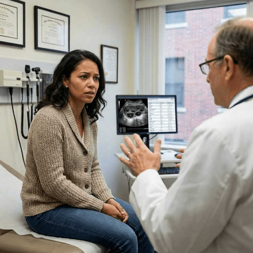 Concerned patient listening to a doctor explaining results in a medical office.