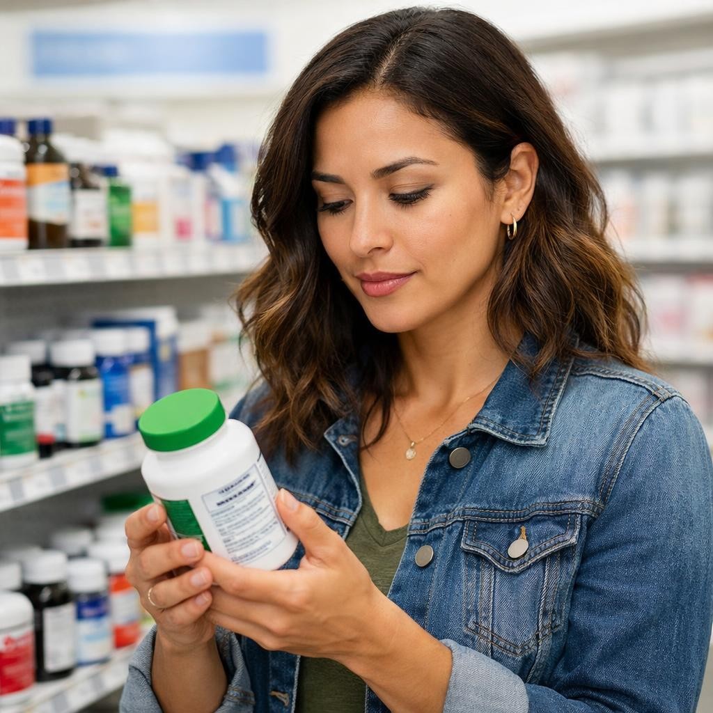 Woman looking at supplement bottle label in pharmacy aisle