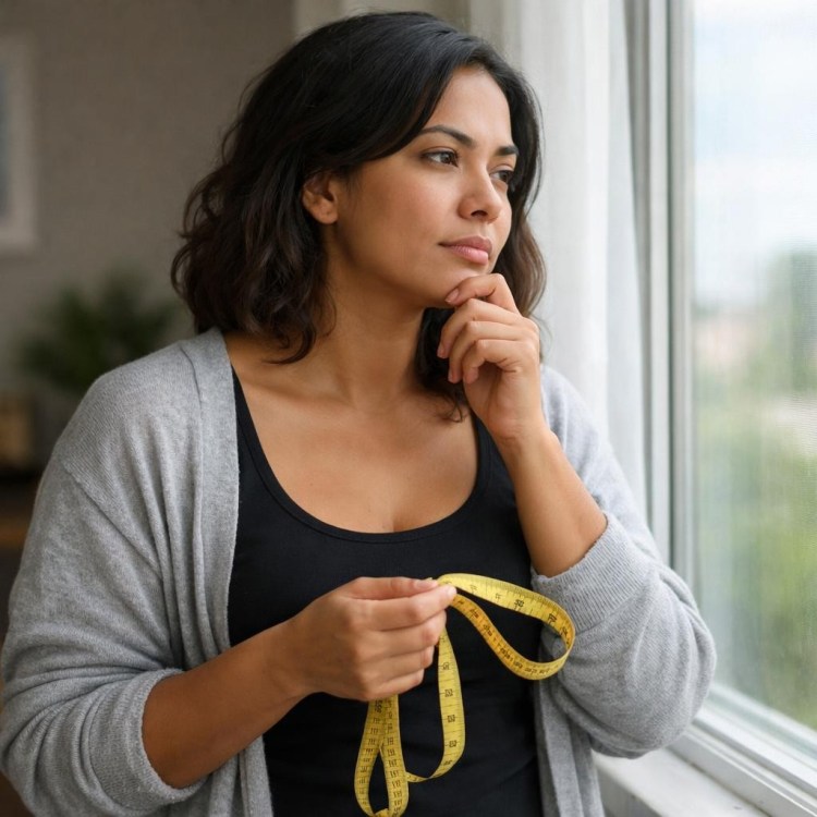 Woman holding a yellow measuring tape and looking out window thoughtfully