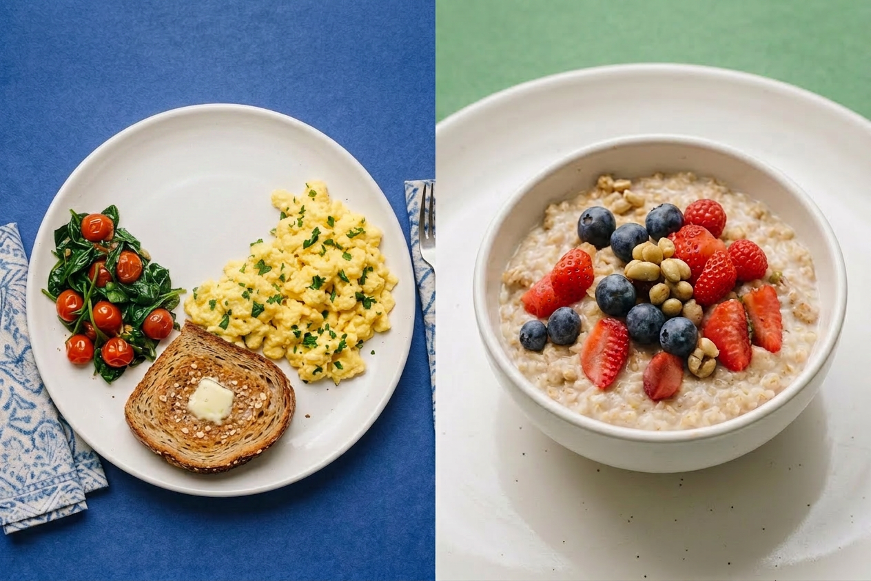 Plates with oatmeal topped with berries and nuts, scrambled eggs garnished with herbs, sautéed spinach and tomatoes, whole grain toast with butter, and mugs of coffee on a wooden table